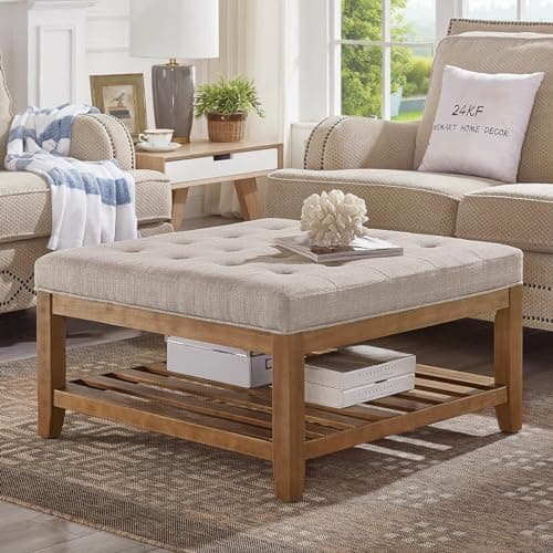24KF Large Square Upholstered Tufted Linen Ottoman Coffee Table, Large Footrest Ottoman with Solid Wood Shelf-Linen - Image 1
