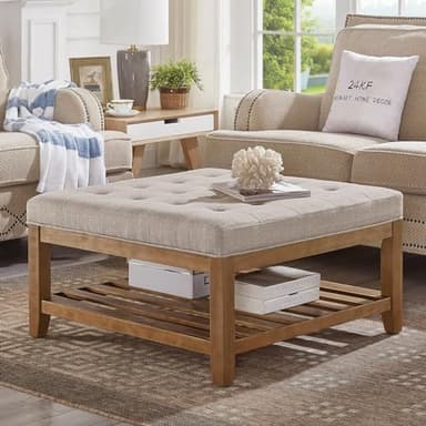 24KF Large Square Upholstered Tufted Linen Ottoman Coffee Table, Large Footrest Ottoman with Solid Wood Shelf-Linen - Image 1