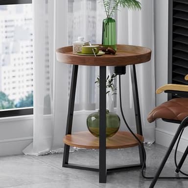 Gadroad Round End Table with Charging Station, USB Ports, Wood Tabletop & Black Metal Frame, 2-Tier Side Table for Living Room, Bedroom, Brown 15.7 * 15.7 * 23.0inches - Image 9