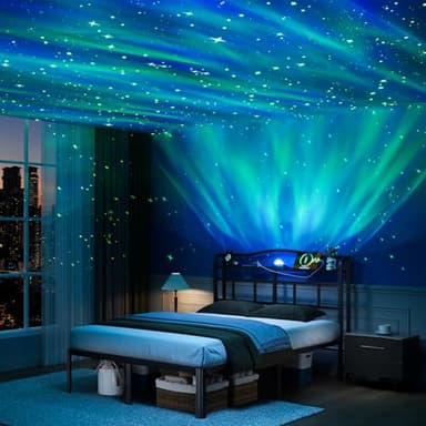 HAVONIZD Full Bed Frame - Storage Headboard with Charging Station & Galaxy Aurora Projector, 14 Inch Sturdy Metal Platform Bed Frame No Box Spring Needed, Easy Assembly, No Noise, Black - Image 1