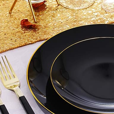 Nervure 100PCS Black and Gold Plastic Plates - 10.25 inch Black Disposable Plates - Gold Rim Dinner Plate - Black Dinner Plate Ideal for Wedding & Party & Halloween - Image 2