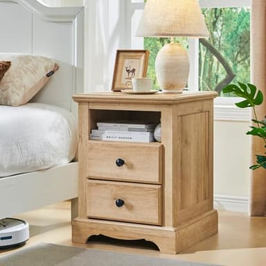 T4TREAM Nightstand with Charging Station, 18 Inch Vintage End Table with 2 Drawers, Wood Rustic Sofa Side Table with Open Storage Shelf for Bedroom, Living Room, Natural Oak - Image 1