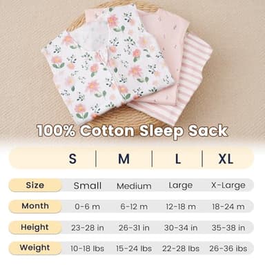PHF Soft Baby Sleep Sack 0-6 Months 100% Organic Cotton Wearable Blanket, 2-Way Zipper 0.5 TOG Toddler Sleeping Sack 3 Pack, Comfy Sleep Bag for Baby Girls, Pink Floral (Small) - Image 6