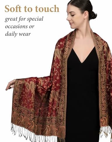 Achillea Soft Silky Reversible Paisley Pashmina Shawl Wrap Scarf w/Fringes (Burgundy) - Image 2