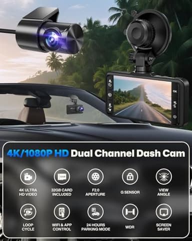 SUVCON Dash Cam Front and Rear 4K/1080P Full HD, Dash Camera for Cars with 32GB Card, Built in WiFi with APP, Dual Dash Cam 3.94" IPS Screen, G-Sensor, Loop Recording, WDR, Parking Mode - Image 2