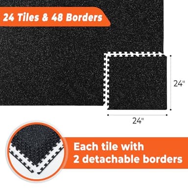 SUPERJARE 0.4'' Thick 24 Pcs 96 Sq Ft Rubber Top Exercise Equipment Mats, High Density EVA Foam Mats with Rubber Top, Interlocking Gym Flooring for Home Gym, Protective Workout Mat, Black/Grey - Image 7
