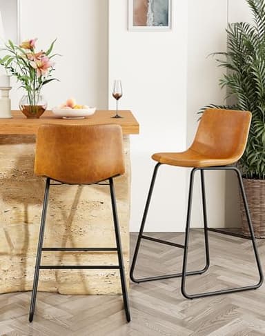 Aowos Bar Stools Set of 2, Modern Counter Height Bar Stools with Back, 26 inch Faux Leather Bar Stools with Metal Legs and Footrest, Urban Armless Dining Chairs for Kitchens Island (Brown) - Image 2