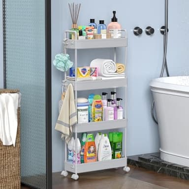 SOLEJAZZ Slim Rolling Storage Cart with Wheels 4 Tier Skinny Bathroom Storage Organizer Narrow Shelf Unit Thin Laundry Room Utility Cart for Bedside Kitchen Office Next to Fridge Small Places, Gray - Image 6
