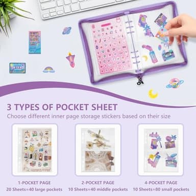 Ruatu Sticker Organizer Binder Sticker Storage Album A5 Sticker Book Collecting Album for Collecting Sticker Reusable Sticker Keeper Holder Book for Adult with Pockets and Zipper (purple) - Image 3