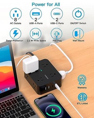 Power Strip Surge Protector, HANYCONY 5Ft Ultra Thin Flat Extension Cord with Multiple Outlets, 8 Widely Outlet Extender 4 USB Ports(2 USB C), 1080J Wall Mount for College Dorm Room Essentials Black - Image 3