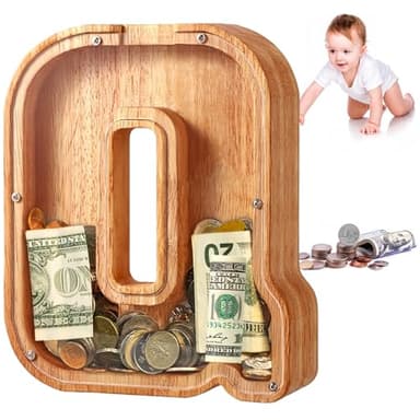 UBeesize Large Piggy Banks Twenty-Six English Alphabet Letter for Boys Girls, Wooden Personalized Bills and Coins Bank Money Box,DIY Name Birthday Gift,Bedroom Living Room Decoration(Q) - Image 1