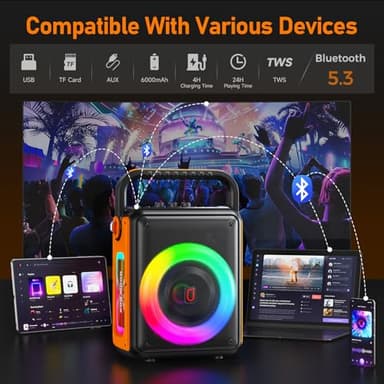 Karaoke Machine for Adults and Kids with 2 Wireless Microphones, 300W, 24H Playtime, RGB DJ Lights & TWS/USB/AUX/TV, Pro Portable Party Bluetooth Speaker for Home/Outdoor/Gifts - Image 4