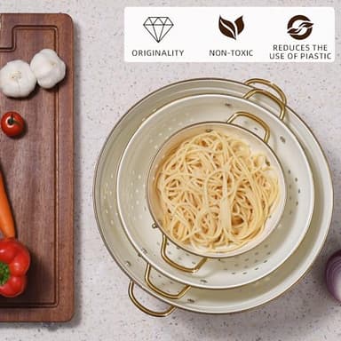 Metal Colander Set of 3, Strainer Basket with Handles perfect for Spaghetti, Pasta, Berry, Vegetable, Fruit, Solid Base Powder Coated Kitchen Essential Strainer Set, 1 & 3.5 & 5 Qt (Cream) - Image 4