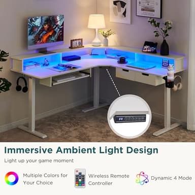 RedLemon 60 Inches L Shaped Electric Standing Desk, Height Adjustable Corner Gaming Desk with Drawers, Keyboard Tray, Power Outlets & LED Lights, Computer Desk with Monitor Shelf, Antique White - Image 3