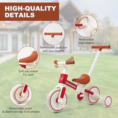 6 in 1 Toddler Tricycle with Push Handle Kids Tricycle for 2-5 Year Olds Toddler Bike for 1 Year Trikes for Kids 1-3 with Removable Pedal Adjustable Seat Birthday Gift Trike 1 to 3 Tricycle Red - Image 2