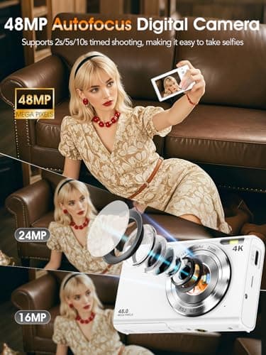 Digital Camera,Autofocus 4K Vlogging Camera for Photography with 32GB Card,48MP Portable Compact Point and Shoot Digital Camera for Teens Adult Beginner with 16X Zoom,Anti-Shake,2 Batteries(White) - Image 2