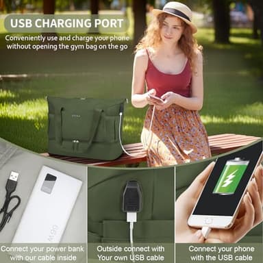 ETRONIK Gym Bag for Women, Travel Duffel Bag with USB Charging Port, Weekender Overnight Bag with Wet Pocket and Shoes Compartment for Women, Travel, Gym, Yoga (Army Green) - Image 6