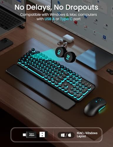 Wireless Keyboard and Mouse Backlit - Typewriter Keyboard with Magnetic Wrist Rest, Retro Round Keycaps, Light Up Letters, 2.4GHz Cordless Combo for Mac, Windows, PC, Laptop, Trueque [Upgraded] - Image 3