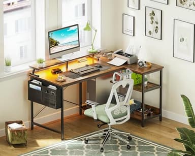 ODK 48 Inch Gaming Desk with USB Charging Ports and LED Lights, Reversible L Shaped Computer Desk with Storage Shelves & Monitor Stand, Corner Home Office Desk Table with Power Outlets, Vintage - Image 9
