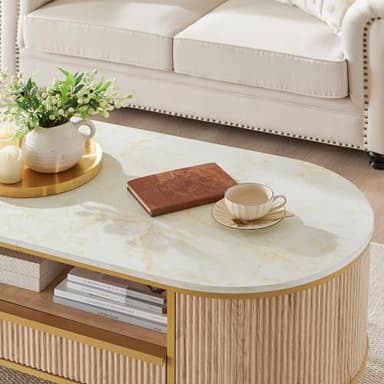 OKD Modern Luxury Fluted Coffee Table, 48" Oval Coffee Table with Drawer, Faux Marble Top, Curved Profile Design, Gold Metal Decor, Center Table for Living Room Natural Oak - Image 3