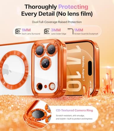 Meifigno Designed for iPhone 17 Pro Max Case 6.9", [Glitter Card & Wrist Strap] [Compatible with MagSafe] [2X HD Screen Protectors] Surround Raised Lens Protection for 17 ProMax Case, Cosmic Orange - Image 4