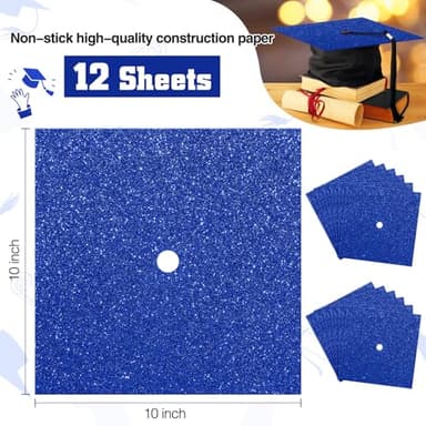 Gersoniel 12 Sheets Glitter Construction Paper for Grad Caps 10" x 10" 250 GSM Cardstock Graduation Hat Decorations for DIY Grad Caps Toppers Craft(Royal Blue) - Image 2
