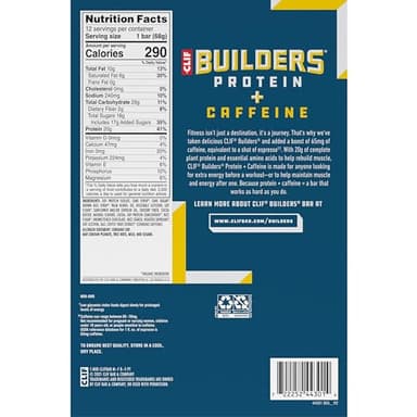 CLIF BUILDERS + Caffeine Protein Bars - Chocolate Chip Cookie Dough Flavor - 20g Plant Based Protein - Gluten Free - Non-GMO - Low Glycemic - No Artificial Sweeteners - 2.4 oz. (12 Pack) - Image 17