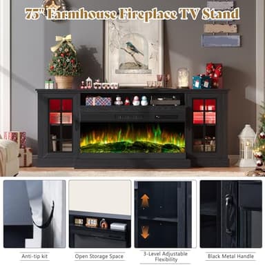 AMERLIFE 75in 3-Sided Glass Fireplace TV Stand with LED Lights for TVs up to 85", Rustic Fireplace Media Entertainment Center Console Cabinet Table with Glass Door Closed Storage, Black - Image 7