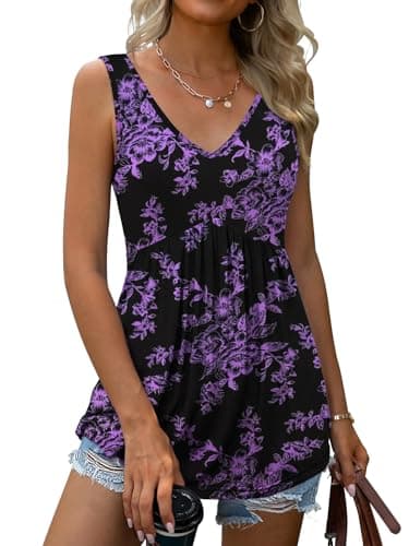 Women Tank Tops 2025 Summer Sleeveless Blouses V Neck Casual Loose Fit Flowy Shirts Black Purple Flowers 2X - Image 1