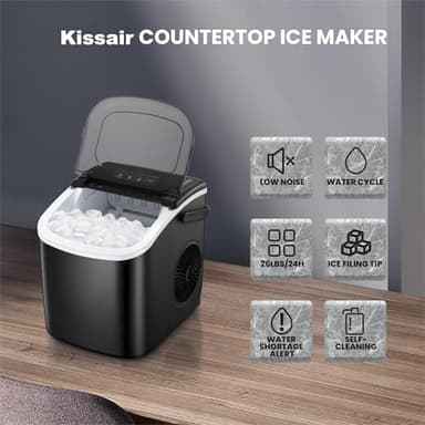 KISSAIR Ice Makers Countertop, Portable Ice Maker with Handle, 26.5 lbs/24H, 9 Bullet Ice Cubes in 6 Mins, Self-Cleaning Ice Machine with Basket and Scoop for Home, Kitchen, RV, Camping (Black) - Image 2