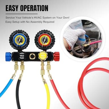 Jack Boss 4 Way AC Gauge Set for R410a R22 R134a Refrigerant, 4 Valve Automotive AC Manifold with 5ft Hoses, R410a Adapters - Image 2