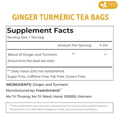 FreshDrinkUS, Premium 135 Turmeric Ginger Tea Bags, 100% Natural Ingredients, Hand-made Blend of Turmeric and Ginger Herbal Tea, Eco-conscious Tea Bags. No Sugar, No Caffeine, No Gluten, Vegan. - Image 2