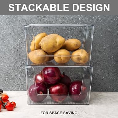 4 Pack Large Stackable Storage Bins, Plastic Container Organizer with Open Front, Pantry Organizers and Storage for Potato, Onion, Fruit and Vegetable, Clear Kitchen Laundry Organizer with Lid - Image 4