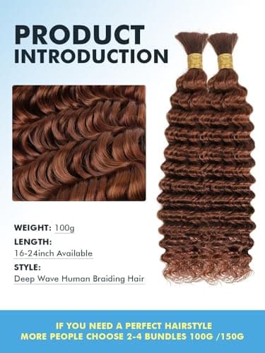 Human Braiding Hair for Boho Braids 100g 18 Inch Auburn Brown Curly Boho Hair for Braiding Knotless 12A Deep Wave Bulk Bohemian 2 Bundles/Pack Color 30 - Image 2