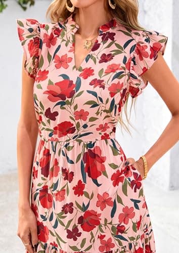 PRETTYGARDEN Women's 2025 Summer Floral Midi Dress Cap Sleeve V Neck Ruffle Long Flowy Boho Casual Beach Vacation Dresses (Floral Orange Pink Red,XX-Large) - Image 5