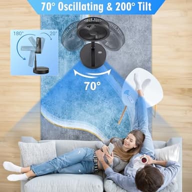 LIPETY Portable Foldable Rechargeable Oscillating Fan - 9" 7200mah Battery Operated USB C Small Fan Remote, Quiet Table Desk Fan Folding Standing Pedestal Fans for Bedroom Rome Office Camping Travel - Image 2
