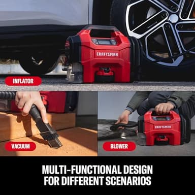 CRAFTSMAN 3-in-1 Tire Inflator, 160PSI Portable Air Compressor/Car Vacuum/Dust Blower, 20V Cordless & 12V Car Power, Air Pump with LED Light for Cars Trucks RV Tires (Battery Sold Separately) - Image 3