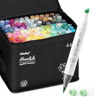 Ohuhu Alcohol Markers Brush Tip -Double Tipped Art Marker Set for Artist Adults Coloring Illustration - 120 Colors- Brush & Chisel Dual Tips- Honolulu of Ohuhu Markers- Refillable Alcohol-based Ink - Image 1