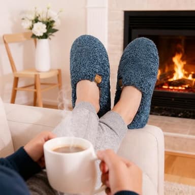 EverFoams Women’s Soft Curly Full Slippers Memory Foam Lightweight House Shoes Cozy Loafer with Polar Fleece Lining Blue,8.5 US - Image 2