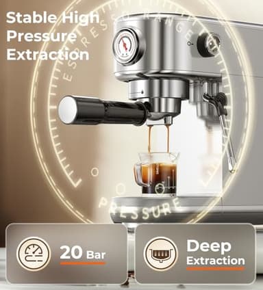 Espresso Machine with Milk Frother, 20 Bar High Pressure Professional Espresso Maker Automatic, Compact Stainless Steel Coffee Machine for Cappuccino, Latte, Gift for Coffee Lover, Dad or Mom, Silver - Image 4