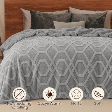 PHF Fluffy Sherpa Fleece Blanket Queen Size for Winter, Warm and Cozy, 510GSM 3D Tufted Shaggy Fleece Blanket for Sofa Bed, Grey, 90"x90" - Image 3