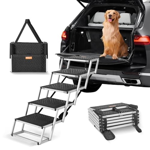 VEVOR Dog Stairs for Car, Wide 5-Step Dog Car Steps, Folding Dog Car Ramp with Nonslip Surface, Portable Pet Steps Lightweight Aluminum for Car, SUV and Truck, Supports up to 150 lbs - Image 1