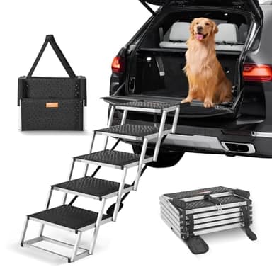 VEVOR Dog Stairs for Car, Wide 5-Step Dog Car Steps, Folding Dog Car Ramp with Nonslip Surface, Portable Pet Steps Lightweight Aluminum for Car, SUV and Truck, Supports up to 150 lbs - Image 1