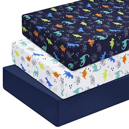 PHF 3 Pack Soft Dinosaur Crib Sheets Fitted, Comfy Breathable Baby Sheets for Boys Girls, 28x52 Inches Fits Standard Crib and Toddler Mattresses, Navy Dinosaur - Image 1