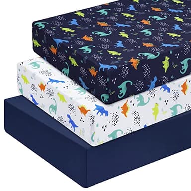 PHF 3 Pack Soft Dinosaur Crib Sheets Fitted, Comfy Breathable Baby Sheets for Boys Girls, 28x52 Inches Fits Standard Crib and Toddler Mattresses, Navy Dinosaur - Image 1