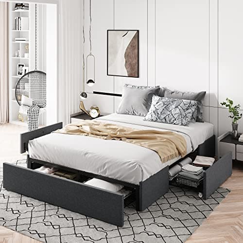 Allewie Full Size Platform Bed Frame with 3 Storage Drawers, Fabric Upholstered, Wooden Slats Support, No Box Spring Needed, Noise Free, Easy Assembly, Dark Grey - Image 1