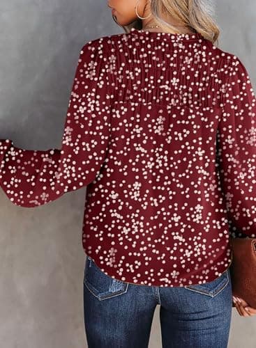 Dokotoo Womens Juniors Summer Tops 2025 Fashion Trendy Casual Dressy Fall Outfits Smocked Long Sleeve T Shirts Alicia Flower Print V Neck Business Work Tunic Bohemian Floral Top Medium Biking Red - Image 3