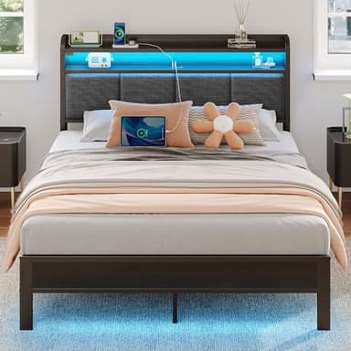 Rolanstar Bed Frame Full Size with Charging Station and LED Lights, Upholstered Headboard with Storage Shelves, Heavy Duty Metal Slats, No Box Spring Need, Noise Free, Easy Assembly, Dark Grey - Image 1