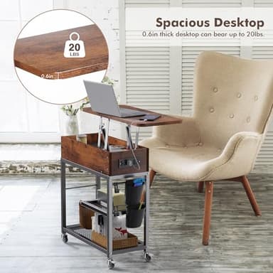 Colima Lift Top End Table with Charging Station and Wheels, Sofa Side Table with USB Port & AC Outlets, Movable Bedside Nightstand with Side Bag for Office Living Room Bedroom(Rustic Wood) - Image 8