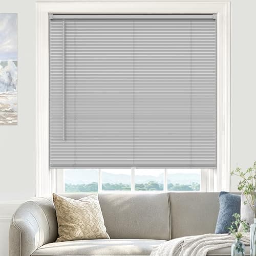 UNISHADES 100% Privacy L-Shaped Blades Mini Blinds for Indoor Windows 1" Vinyl Cordless Window Blinds for Home, for Window Size 34" W × 64" H (Blinds Size 33 5/8" W × 64" H) Grey - Image 1